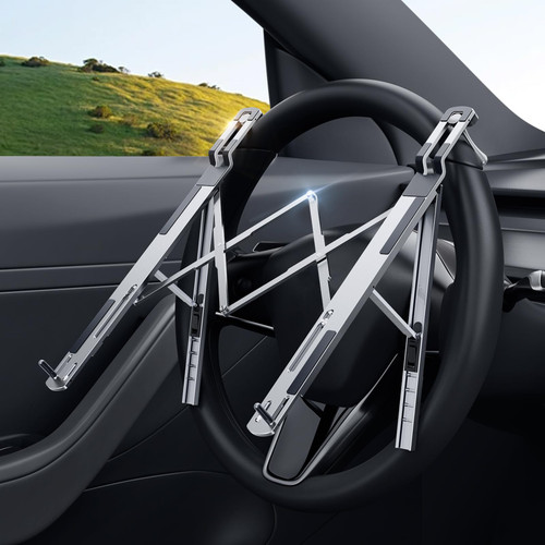 Angle Adjustable Car Steering Wheel Laptop Holder,Foldable Laptop Stand for car,Metal Car Notebook Riser | Car Reading Stand | Car Tablet Holder, Multipurpose Travel Car Accessories (Silver)