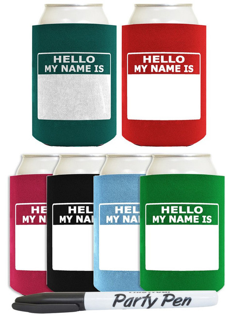 Personalized Can Cooler Hello My Name is Name Tag Set 6-Pack Can Drink Sleeves and Marker