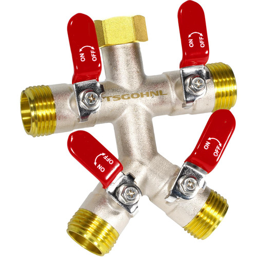 TSGOHNL Heavy Duty Brass Garden Hose Splitter 4 Way, Freeze and Sun Resistant Outdoor Faucet Brass Connector Tap Splitter 4 Valves, Nickel Plated for Rust Resistance, 3/4” GHT (Red)