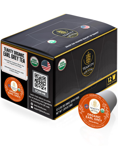 Organic Earl Grey Tea Pods for Keurig - Caffeinated Unsweet Black Tea for K Cup Brewing by Teavity (12 Tea Pods)