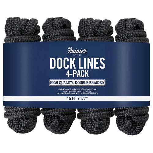 RainierSupplyCo Dock Lines 4-Pack - Boat Rope for Docking with Loop - 15 ft x 1/2 Inch Premium Double Braided Nylon Marine Rope - Mooring Line with 12" Eyelet - Boat Accessories - Black