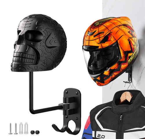 SANGMO Metal Skull Helmet Holder, Motorcycle Helmet Rack 180 Degree Rotation Wall Mount with 2 Hooks for Motorcycle Bike Baseball Rugby - Black