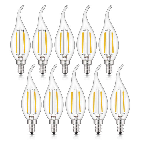 CRLight ETL Listed 2W Dimmable LED Candelabra Bulb 2700K Warm White, 250LM 25W Incandescent Equivalent, E12 Chandelier Candle Bulbs, C35 Clear Flame Shape Bent Tip, 360 Degrees Beam Angle, 10 Pack