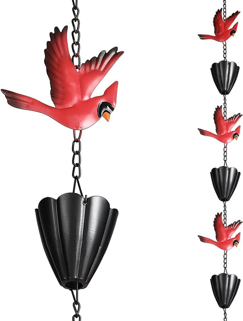 Aifeorzo Cardinal Rain Chain, 8.5Ft Rain Chains for Gutters and Downspouts, Metal Decorative Rain Catcher Chain, Bird and Cup Rainwater Gutter Chimes for Outside, Outdoor Garden Decor