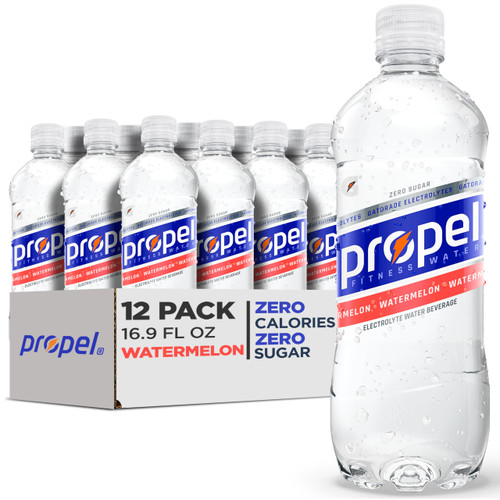 Propel Electrolyte Enhanced Water Sports Drink, Watermelon Flavored Water, Zero Calorie & Zero Sugar Hydration with Electrolytes and Vitamins C & E, 16.9 fl oz Water Bottles (12 Pack)