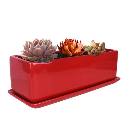 Vencer 14 Inch Rectangular Modern Minimalist Ceramic Succulent Planter Pot - Window Box with Saucer,Office Desktop Potted Stand,Red,VF-0173R
