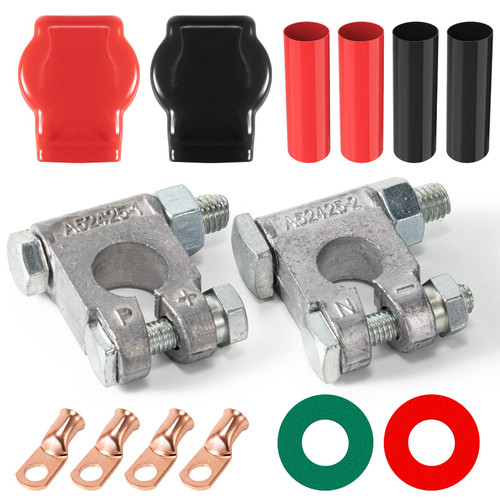 Battery Terminal Connectors, Military Spec Positive Negative Heavy Duty Battery Terminals with Cover, 3/8" Copper Lugs, Heatshrink, Anti Corrosion Washer for Vessels Cars Boats RVs