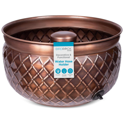BIRDROCK HOME Water Hose Holder - Decorative Metal Pot, Indoor or Outdoor, Garden Storage Organizer, Patio Portable Bucket - Embossed Steel w/ Copper Accents, Holds up to 100ft Hoses