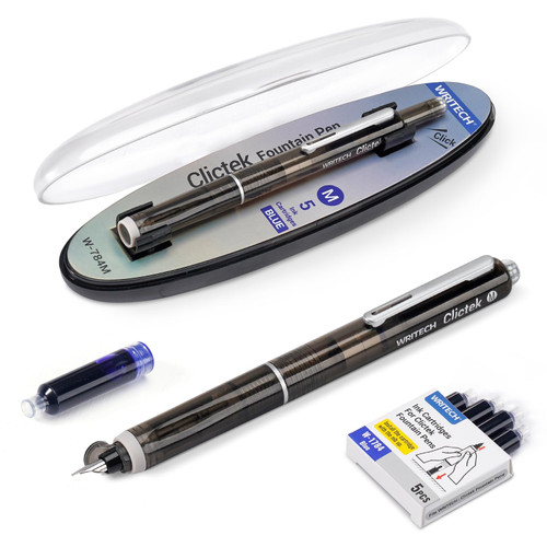 WRITECH Clictek Fountain Pen Retractable: Medium Nib Blue Ink Transparent Barrel Includes 5 Refillable Ink Cartridges, Smooth Writing No Leaking