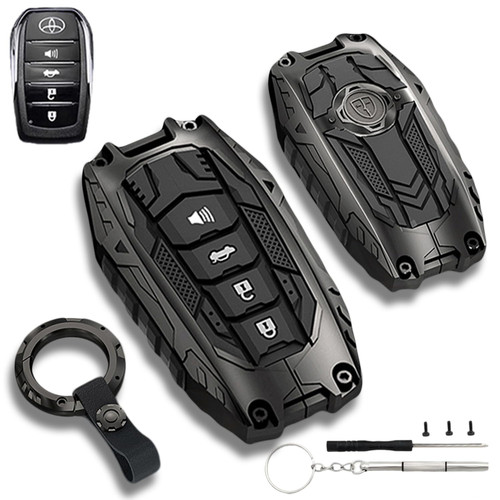 Zinc Alloy Metal Key Fob Cover & Keychain for Toyota 2019–2025 Venza, Land Cruiser, Fortuner, Grand Highlander, Corolla Cross, Hilux, Tundra, RAV4, Prius & Camry, 4-Button Key Case (Black)