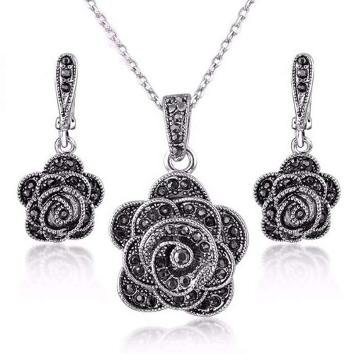 Shefashion Rhodium Plated Vintage Silver Rose Flower Jewelry Sets Black Marcasites Studs Earrings Pendent Necklace for Women Girls Shefashion Rhodium Plated Vintage Silver Rose Flower Jewelry Sets Black Marcasites Studs Earrings Pendent Necklace for Women Girls