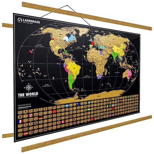 Landmass Scratch Off World Map, with Wood Hanger Frame, Extra Large 36x24 Inch Travel Map Poster, Scratchable Flags and Countries, Wall Art for Travelers, Adventure Gift for Home or Office Decor