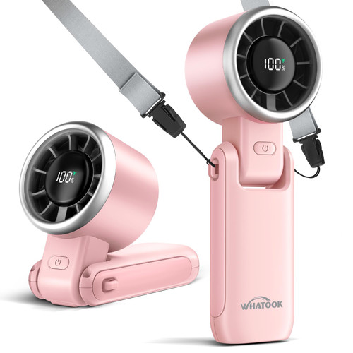 WHATOOK Portable Handheld Turbo Fan: 12m/s Strong Wind Mini Fan for Makeup & Lash, 4000mAh Battery Operated Rechargeable Personal Fan with LED Display, 3 in 1 Foldable Small Fan for Concerts, (Pink)