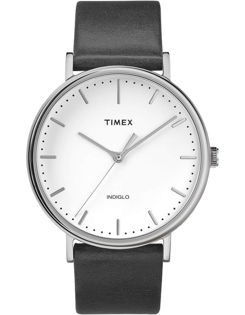 Timex Men's Fairfield 41mm Watch – Silver-Tone & White with Black Genuine Leather Strap
