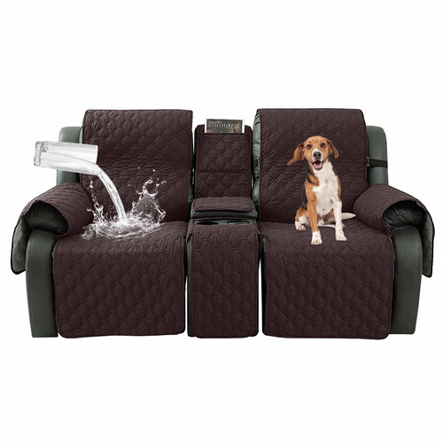 Taque Loveseat Recliner Cover with Center Console, 100% Waterproof Pet Cover for Dual Recliner with Straps Design, Split Reclining Loveseat Covers Furniture Pet&Kids Protector (Chocolate)