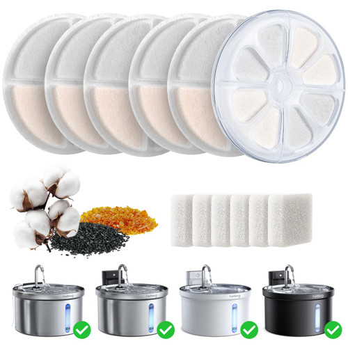 6 Pack Cat Water Fountain Filter & 6 Pack Pump Filter Sponges Replacement for [FN-W08L] and [FN-W06] - 6 Filters+1 ABS Shell+6 Sponges