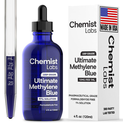 Chemist Labs 1% Methylene Blue Drops Pharmaceutical Grade 99% Purity USP Grade, Blue Methylene, Cellular & Mitochondrial Support, Third-Party Tested, Made in USA, 4oz Chemist Labs 1% Methylene Blue Drops Pharmaceutical Grade 99% Purity USP Grade, Blue Methylene, Cellular & Mitochondrial Support, Third-Party Tested, Made in USA, 4oz