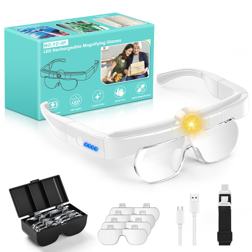 Magnifying Glasses with Lights,Flip-up Rechargeable Hands Free Headband Magnifying Glasses for Close Work with 3 Color Temperature, 5X 3.5X 2.5X 1.5X Professional Jeweler's Loupe Lighted Magnifiers