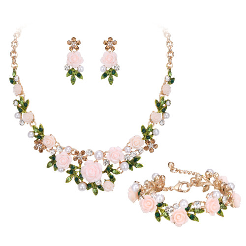 EVER FAITH Crystal Simulated Pearl Light Pink Rose Flower Green Leaf Bridal Prom Necklace Earrings Bracelet Set