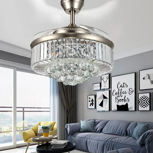 42" Crystal Fandelier Ceiling Fan with Lights,Modern Chandelier Ceiling Fan with Retractable Blades Indoor LED Lighting for Bedroom Living Room,Quiet Rustic Fan Brown