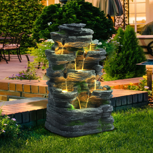 MAGIC UNION 7-Tier Cascading Rock Water Fountain, Outdoor Freestanding Fountains with LED Lights and Pump, Outdoor Garden Waterfall Decor for Patio, Yard and Deck Decor, Natural Stone Look (24" H)