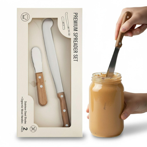 Performore 2PCS Spreader Knives, 12” Peanut Butter Knife that Works Great with Jars and 5” Short Spreading Knife, Stainless Steel Spatulas with Wooden Handle Spreader Set