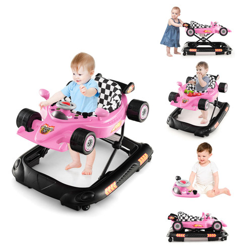 BABY JOY 4-in-1 Baby Walker, Foldable Activity Walker with Adjustable Height, Music & Lights, Anti-Rollover, Toddler Push Walker, Baby Walker with Wheels for Boys Girls 6-14 Months (Pink)