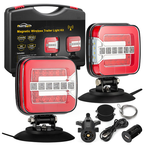 Partsam Wireless LED Trailer Light Kit, Square Portable Magnetic Stop Turn Reverse License Towing Tail Lights w/Metal Bracket 7-Pin Plug for Trucks Trailers 12-24V IP67 Waterproof