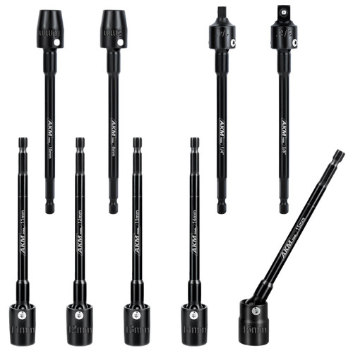 AKM TOOL 9-Piece Long Universal Nut driver set, 6 inch 360°Rotatable Hex Shank Impact Driver Socket Adapter Impact Socket Adapter 150mm 3/8 1/4 Cr-V Metric