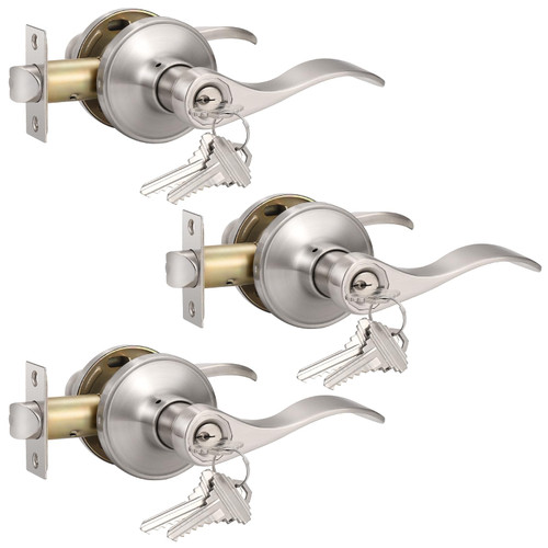 Knobonly 3 Pack Keyed Alike Satin Nickel Entrance Door Handle, Reversible Wave Style Exterior Keyed Entry Door Lever