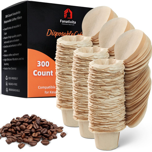 300 Count Fanativita Paper Coffee Filters Disposable with Genius Lid Design, Fit All Reusable K Cups for Keurig (Unbleached)