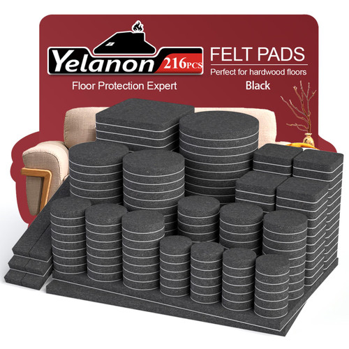 Yelanon Felt Furniture Pads for Hardwood Floors -216 Pcs Premium Felt Pads for Chair Legs, Floor Protectors for Furniture, Black Yelanon Felt Furniture Pads for Hardwood Floors -216 Pcs Premium Felt Pads for Chair Legs, Floor Protectors for Furniture, Black