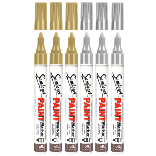 SAMFOGEI 6 Pack Gold & Silver Permanent Paint Pens,Metal color Medium Tip Oil Based Paint Markers, Never Fade Marker Pen,Waterproof & Quick Drying For Rock,Metal,Glass,Plastic,Mugs,DIY Craft