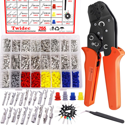 Twidec/755Pcs 21Type Car Electrical Wire Terminal 1/1.5/1.8/2.2/2.8/3.5mm Connector Pins Terminal Auto Electric Connector Non-Insulated Plug Removal Male Female Crimp Pins with Crimping Pliers