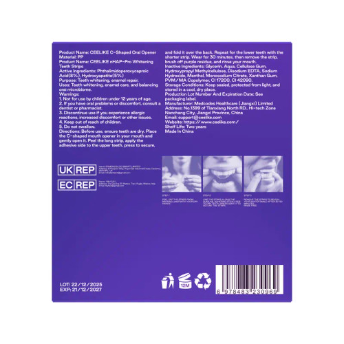 CEELIKE Purple Teeth Whitening Strips With Free Cheek Retractor - 7/21 Whitening Sessions -Nano-Hydroxyapatite Safe for Enamel - Non Sensitive Teeth Whitening - Peroxide-Free