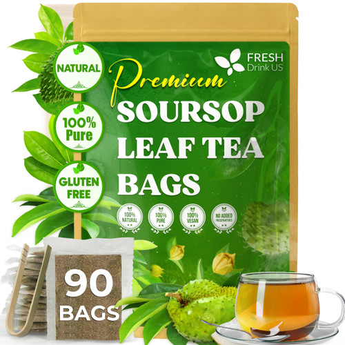 FreshDrinkUS, Premium 90 Soursop Graviola Leaf Tea Bags, 100% Natural and Pure from Soursop Leaves, Handmade, Made With Natural Materials-Corn Fiber Tea Bag, Sugar/ Caffeine/ Gluten Free, Hoja Guanabana Tea