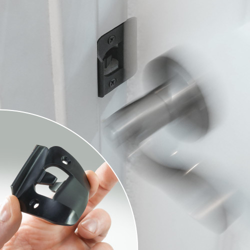 Enhanced Door Silencer Strike Plate with Adhesive Bump Stops - Flexible, Noise Eliminating Solution for Loud Doors No Modifications Install, Stops Slamming Noises (2, Black)
