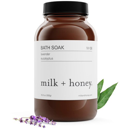 Milk + Honey Calming Bath Soak No. 8 – Moisturizing Epsom Salt with Lavender & Eucalyptus – Relaxing Aromatherapy Soak for Sore Muscles, Dry Skin & Stress Relief – 10 oz