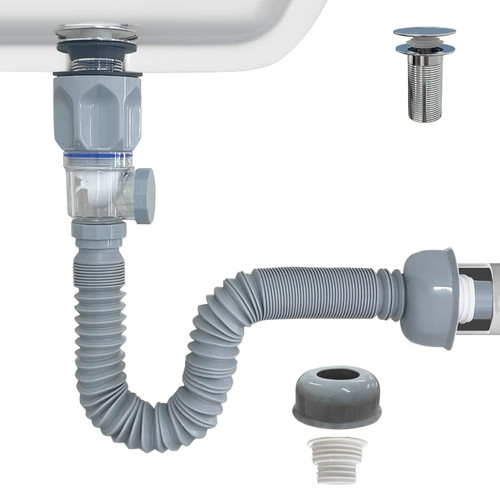 QruiLanTu Bathroom Sink Drain Kit，Flexible Expandable P-Trap Sink Drain Pipe for 1-1/4" to 1-1/2" Drain Hole Snappy Trap Flexible Drain Pipe with Pop Up Sink Drain Stopper (Gray)