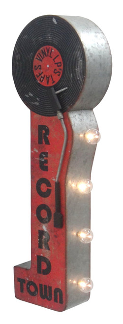 Record Town Vinyl Turntable Store - Reproduction Vintage Advertising Sign - Battery Powered LED Lights - Double Sided Metal Marquee Display - 30 x 10 x 5 inches