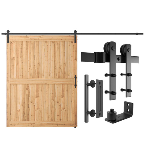 SMARTSTANDARD 11 FT Heavy Duty Sturdy Sliding Barn Door Hardware Kit, Black, (Whole Set Includes 1x Pull Handle Set & 1x Floor Guide) Fit 66" Wide Door Panel (I Shape Hanger)