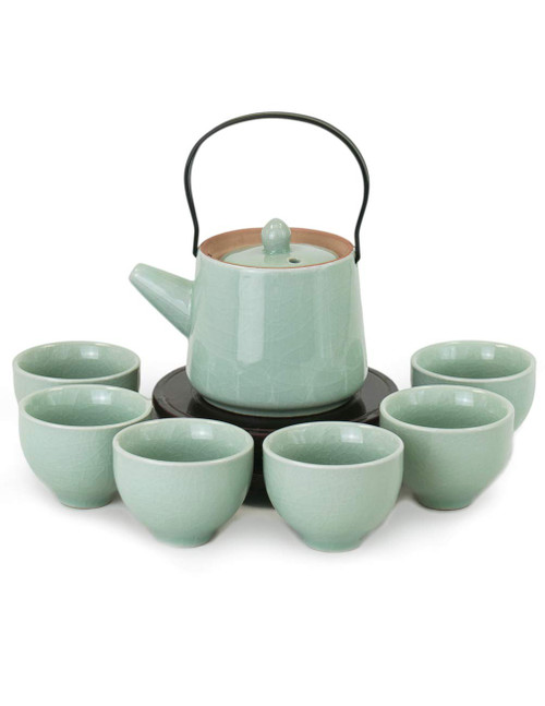 Dahlia Ice Crack Celadon Porcelain 7-pcs Gongfu Tea Set in Gift Box with Built in Infuser Blue