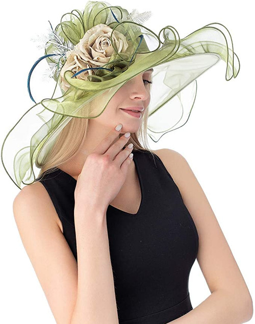 RZTA Women's Kentucky Derby Church Dress Hat Wide Brim Leaf Flower Bridal Shower Hat C2 Olive Green RZTA Women's Kentucky Derby Church Dress Hat Wide Brim Leaf Flower Bridal Shower Hat C2 Olive Green