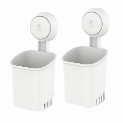 LEVERLOC Powerful Suction Toothbrush Holder, Removable Drill-Free Wall Shower Holder for Toothbrush, Toothpaste, Razor, Self-draining Suction Cup in Shower, Kitchen Tableware Organizer, White, 2 Pack