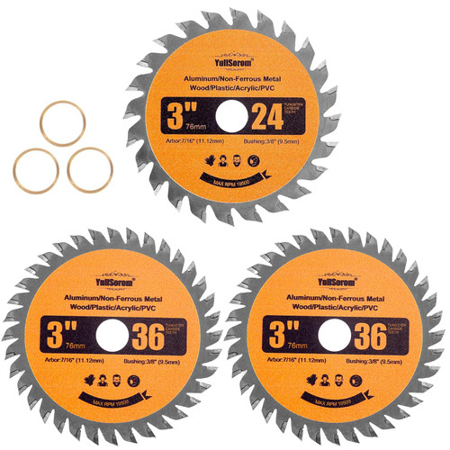 3 Inch Carbide Circular Saw Blade, 24 Tooth and 36 Tooth for Wood, Plastic, PVC, Acrylic, Aluminum with 7/16" Arbor, 3/8" Bushing - 3 Pack (2pcs 36T+1pc 24T)