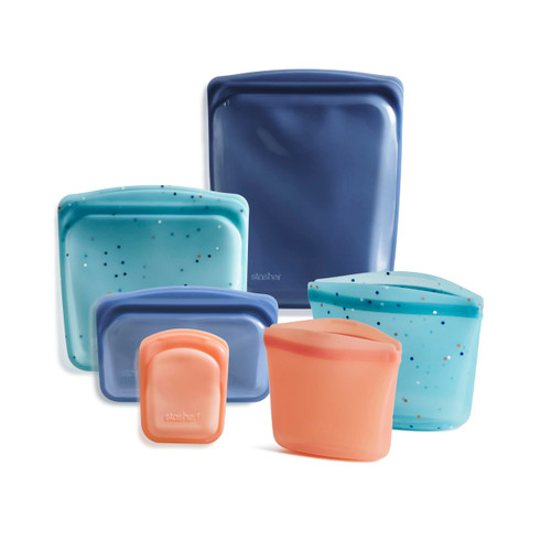 Stasher Silicone Reusable Food Storage Bags, 6-Pack Starter Kit, Reusable Freezer Bags, Microwave, Dishwasher, Oven Safe, Sous Vide, Lunch Containers, Eco Friendly, Snack Bag, Sea Spray