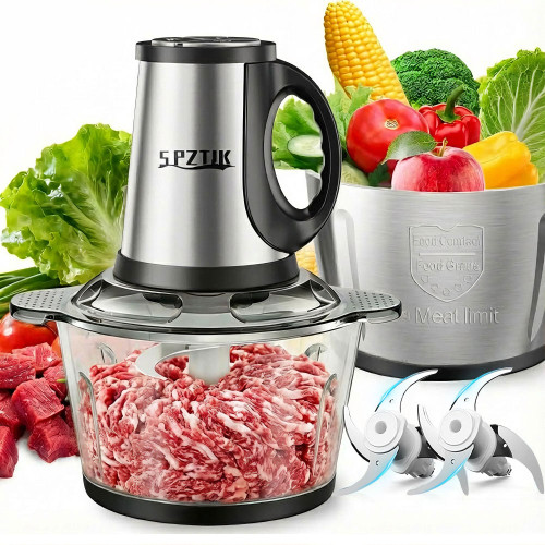 SPZTJK 3-Speed Electric Food Processor: Meat Grinder, Vegetable Chopper & Baby Food Maker - 300W, 2 Bowls (8 Cup Stainless Steel+8 Cup Glass), Quiet Operation