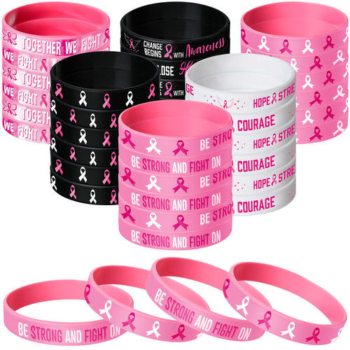 Aoriher 48 Pcs Breast Cancer Awareness Bracelets Pink Ribbon Breast Cancer Silicone Wristbands Hope Faith Strength Courage Accessories Wristbands for Women Party Supplies Favors(Print Style)