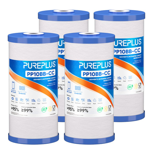 PUREPLUS 5 Micron 10" x 4.5" Whole House FXHTC Sediment and Carbon Water Filter Replacement Cartridge for GXWH40L, GXWH35F, GNWH38S, RFC-BBSA, WRC25HD, PP10BB-CC, RFC-BB, WFHD13001, 4Pack