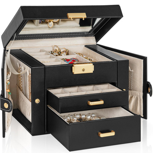 TORIBIO Jewelry Box for Women, Leather Jewelry Organizer with Mirror & Lock, 3-Tier Jewelry Storage Organizer with 2 Drawers for Girls/Women/Mothers, Necklace Earring Bracelets Holder Organizer